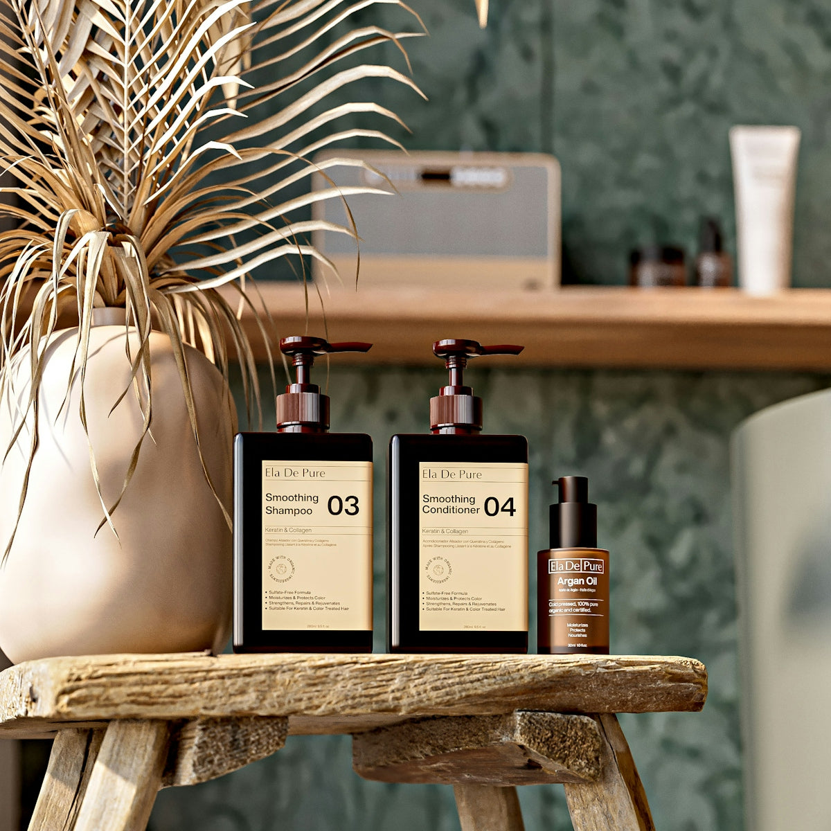Haircare products are arranged on a small wooden stool.
