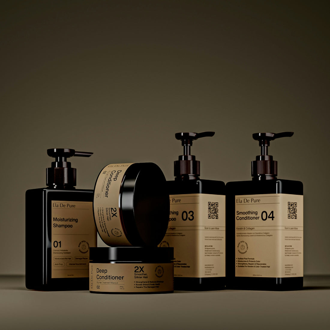 Various dark bottles and jars of skincare products.
