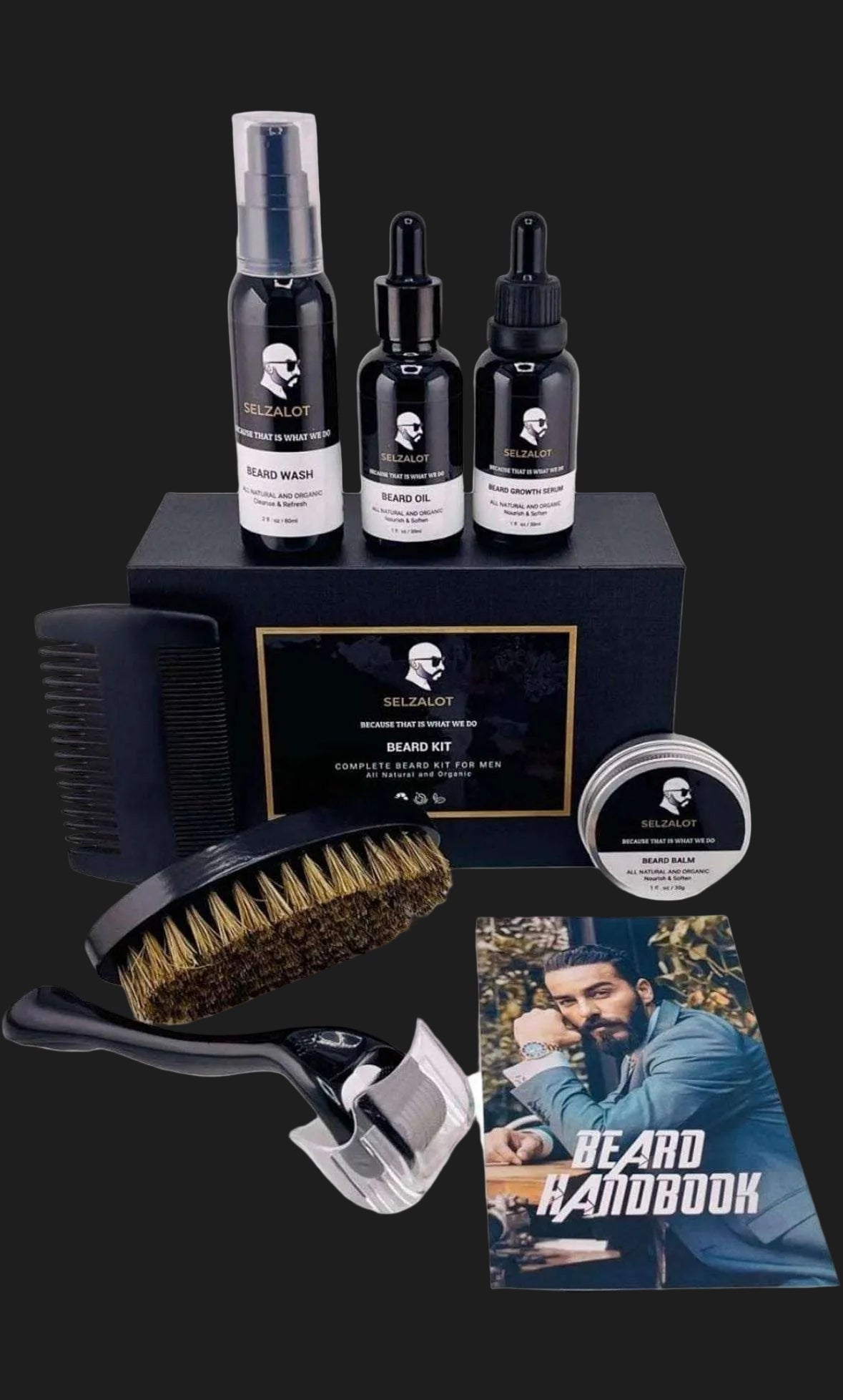 SELZALOT Beard Growth Kit Facial Hairs Men's Grooming Set 7 Pieces Beard Products with Oil, Serum, Balm, Shampoo, Comb, Brush and Hand Beard Care Kit for Men Men Self Care