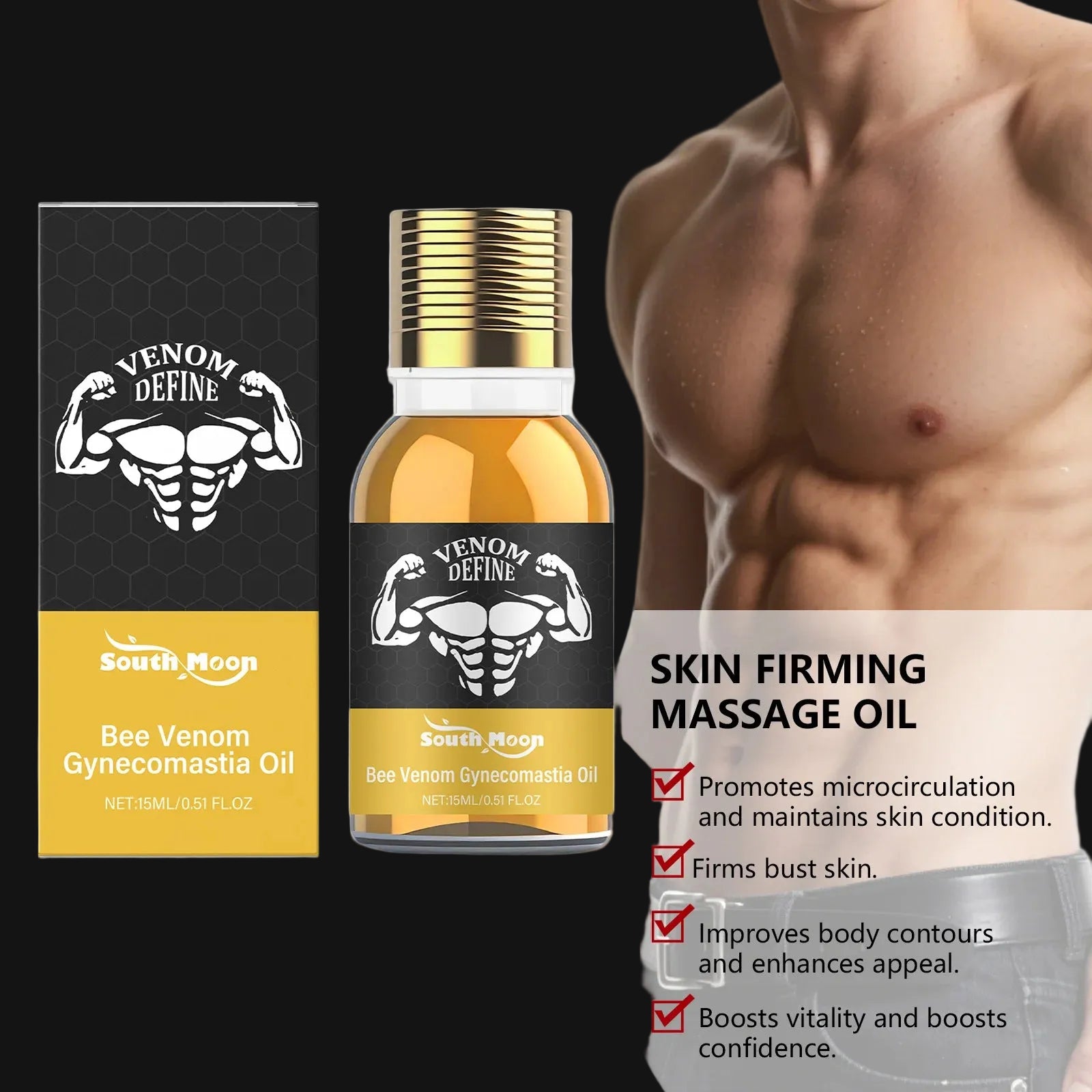 Men's Bee Venom Gynecomastia Oil Chest Firming Sculpting Cooling & Non-Greasy Chest Shaping Massage Oil for Men Skin Care