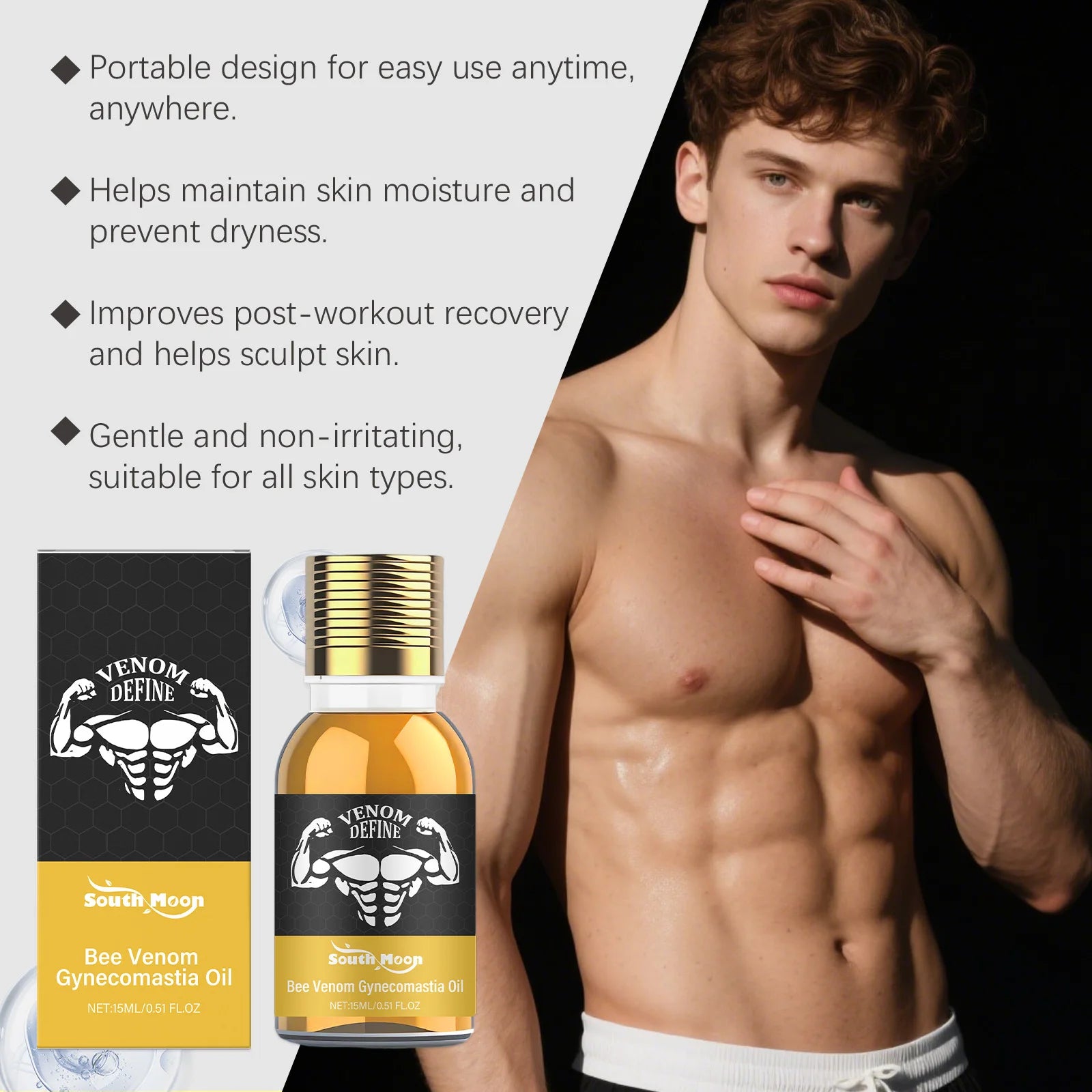 Men's Bee Venom Gynecomastia Oil Chest Firming Sculpting Cooling & Non-Greasy Chest Shaping Massage Oil for Men Skin Care